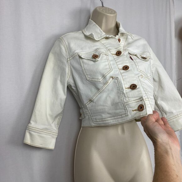 Vtg Levi’s Cropped Jean Jacket Womens Medium Beige Stretch Denim Trucker Y2K - Picture 3 of 16